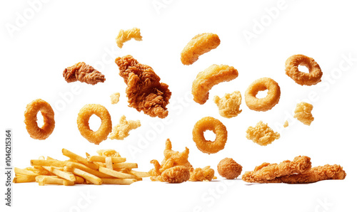 onion rings, french fries, chicken nuggets  on transparent background