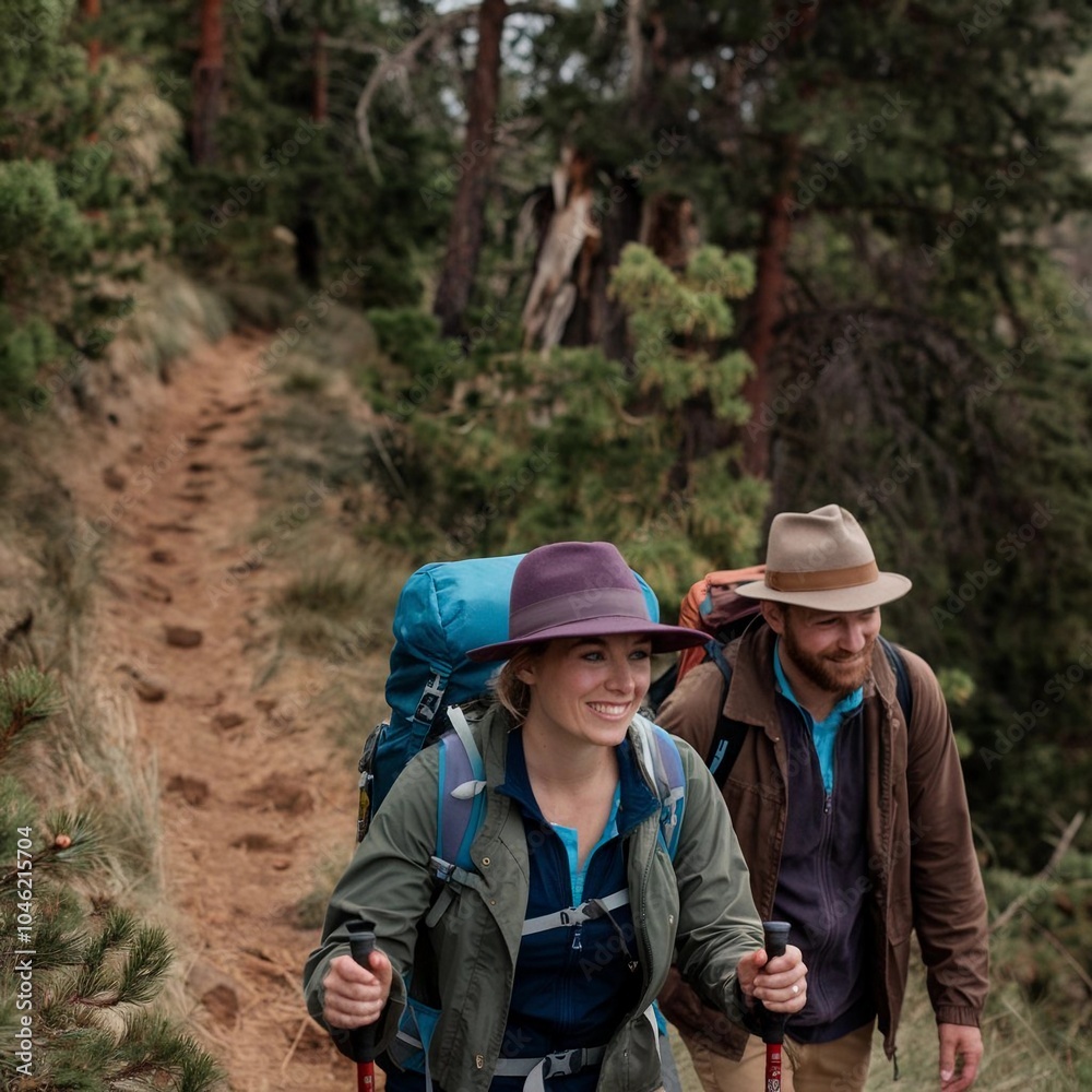 An action photo of a couple hiking through a forest. The woman is in the lead, carrying a backpack and holding a hiking pole. She is wearing a green jacket, a blue shirt, and a purple hat. The man is An action photo of a couple hiking through a forest. The woman is in the lead, carrying a backpack and holding a hiking pole. She is wearing a green jacket, a blue shirt, and a purple hat. The man is