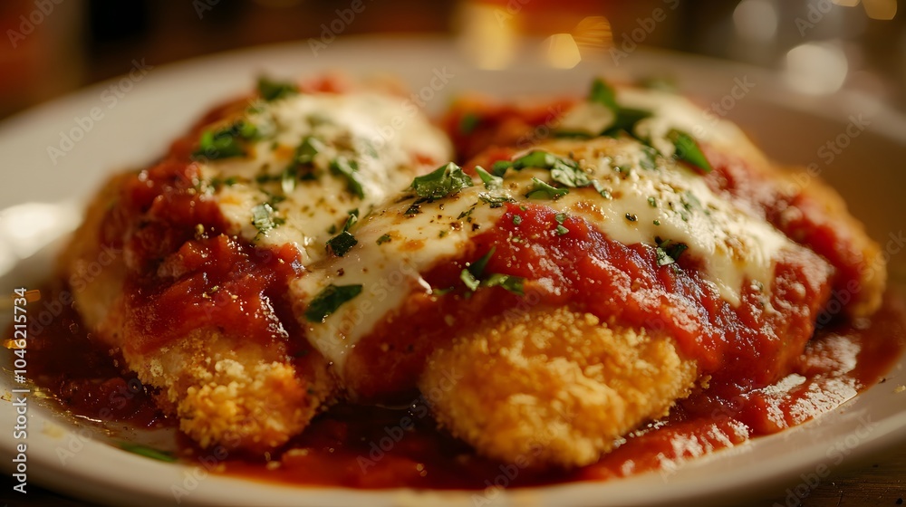 A dish of chicken Parmigiana, with crispy breaded chicken topped with marinara sauce and melted mozzarella.
A dish of chicken Parmigiana, with crispy breaded chicken topped with marinara sauce and melted mozzarella.