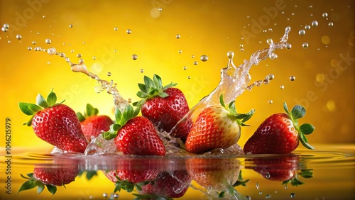 Strawberries with water splash on vibrant yellow background with shallow depth of field