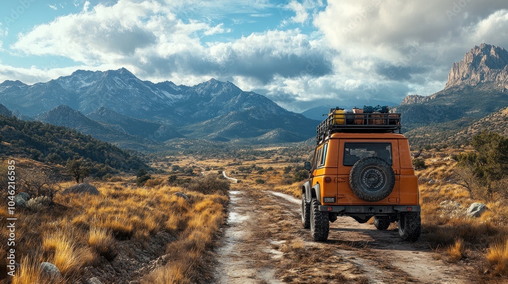Off-road vehicle on a dirt path through mountainous landscape. Off-road vehicle on a dirt path through mountainous landscape.