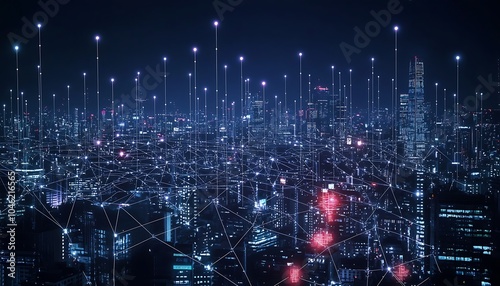 Nighttime digital cityscape illustrates high-speed communication and smart city tech.