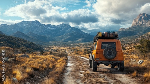 Off-road vehicle on a dirt path through mountainous landscape.