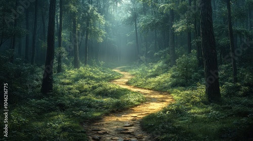 Serene forest path illuminated by soft sunlight through trees.