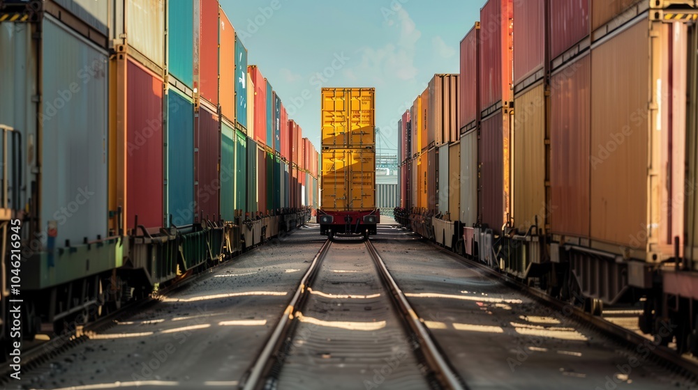 Fototapeta premium Freight containers are being efficiently loaded from a truck onto a train at a busy transportation hub, highlighting logistics operations. Generative AI