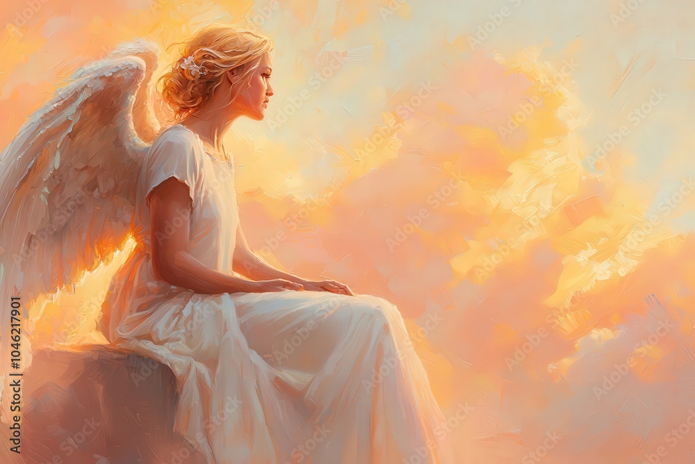 Ethereal Angel in Serene Sunset A Portrait of Grace and Tranquility Amidst Dreamy Clouds Ethereal Angel in Serene Sunset A Portrait of Grace and Tranquility Amidst Dreamy Clouds