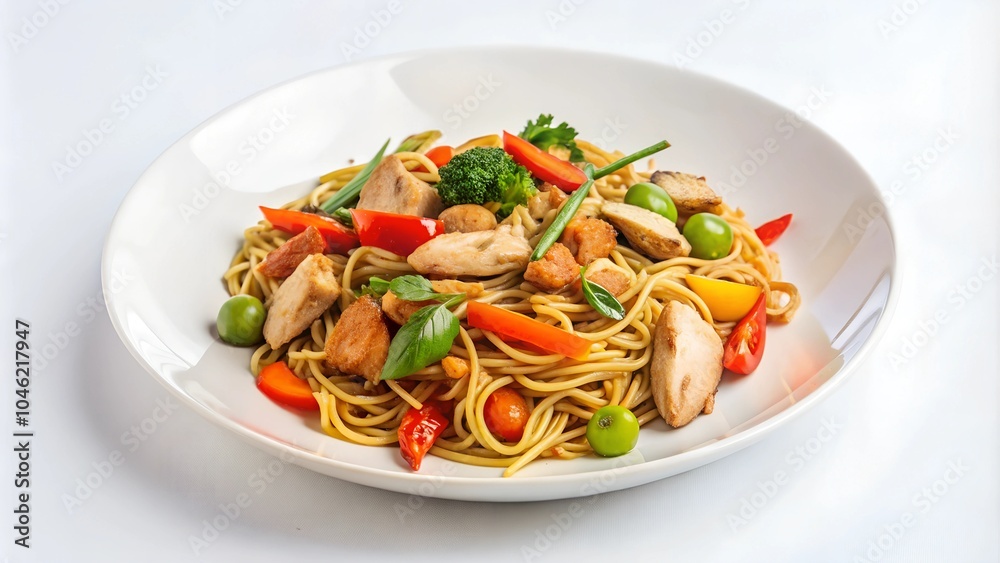 Noodles with vegetables and chicken isolated Noodles with vegetables and chicken isolated