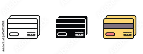 Three different colored credit card icons, credit card icon in outline, silhouette and editable color icon with an unexpanded vector inside