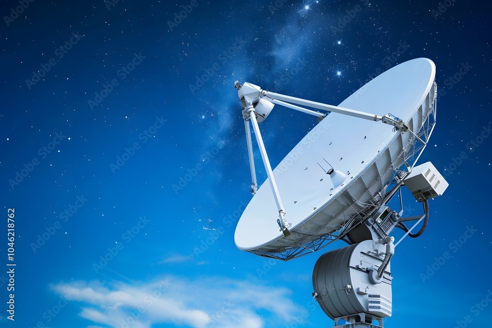 A large satellite dish pointed upwards against a starry night sky. A large satellite dish pointed upwards against a starry night sky.