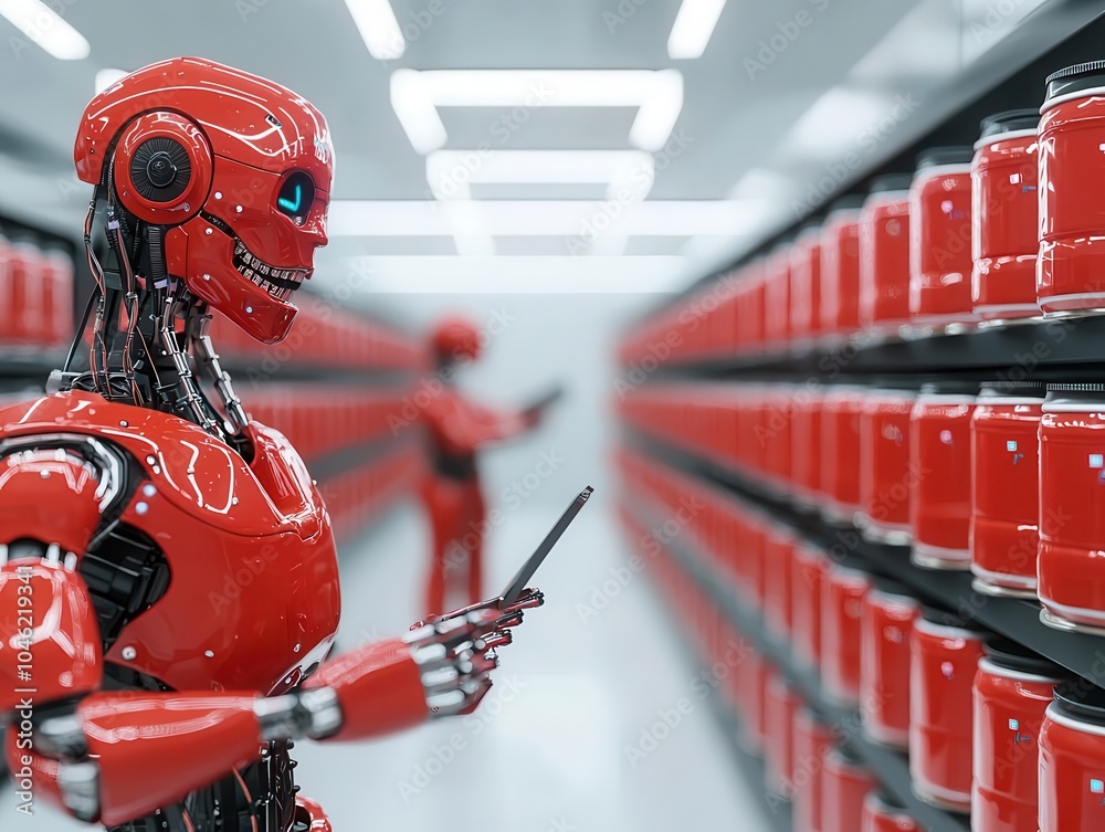 Naklejka premium AIcontrolled robotic arms labeling and sealing canned food products at high speed, canned food, robotic automation in packaging