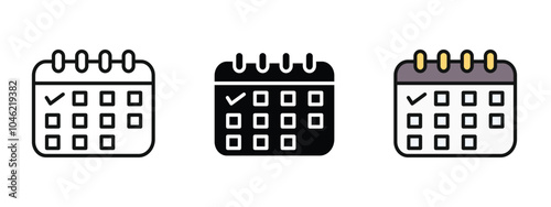 Calender icon, set of three calender icons, editable calender icons set in outline, silhouette and editable color icon with an unexpanded vector inside photo