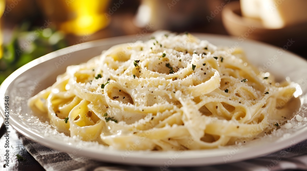 A plate of fettuccine Alfredo, creamy and topped with freshly grated Parmesan cheese.
A plate of fettuccine Alfredo, creamy and topped with freshly grated Parmesan cheese.