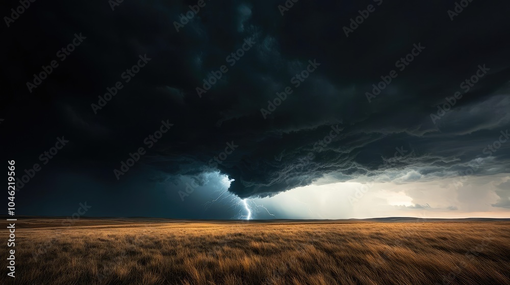 Fototapeta premium Dramatic storm clouds gathering over a vast open field.