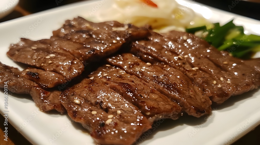 A plate of Korean bulgogi, with thinly sliced marinated beef, grilled to perfection.


