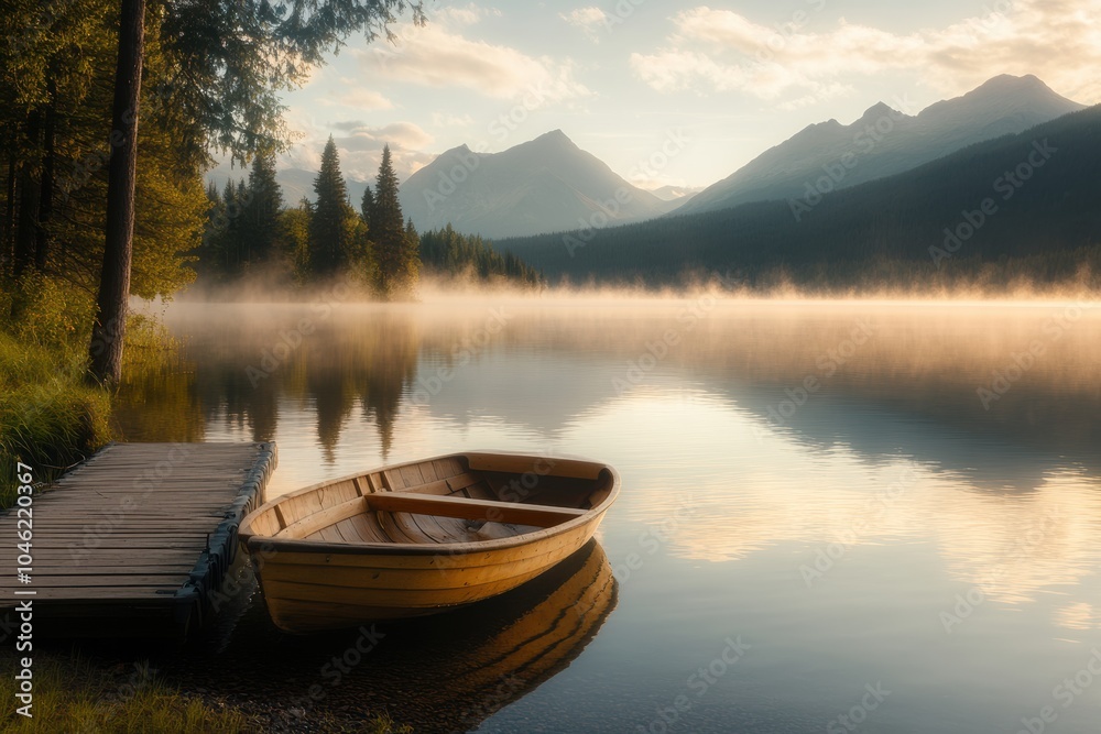 A small wooden boat docked at a pier on a calm lake at sunrise, with mist rising from the water. A small wooden boat docked at a pier on a calm lake at sunrise, with mist rising from the water.
