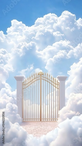 Heavenly Gateway A Dreamlike Portal Surrounded by Fluffy Clouds and Blue Skies