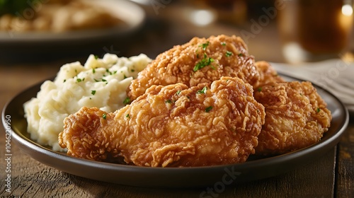 A platter of fried chicken, crispy and golden-brown, with mashed potatoes and gravy.