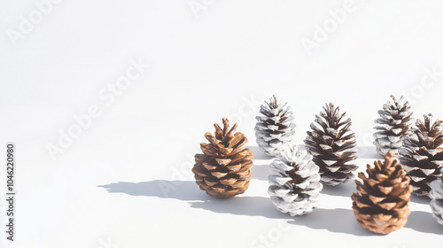 collection of pinecones displayed on a bright white surface highlights their unique textures and shadows,creating a tranquil and natural aesthetic,copy space