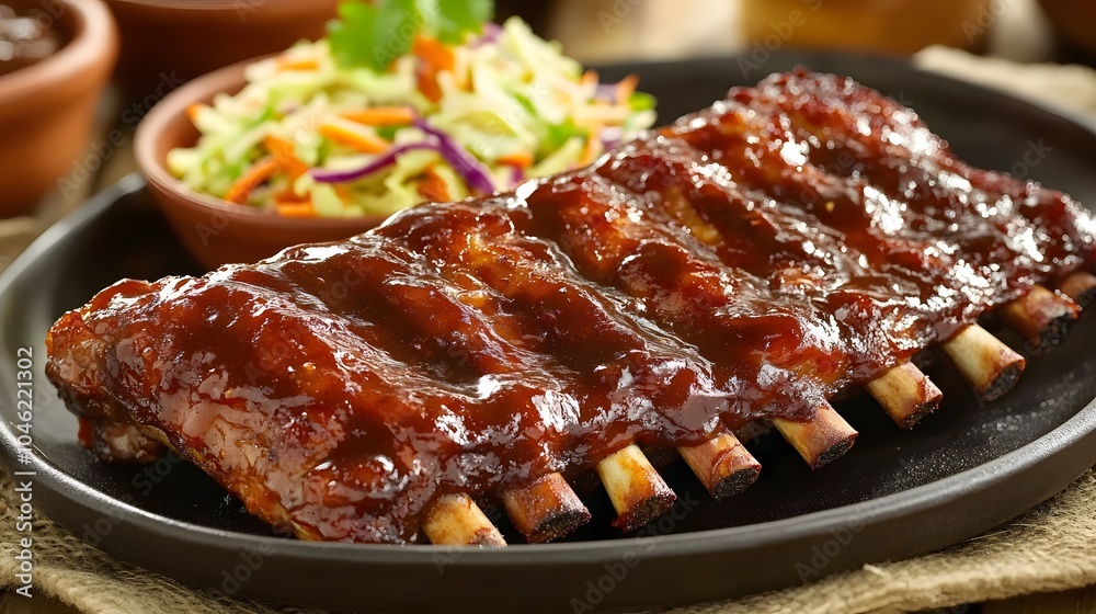 A rack of BBQ ribs, glazed with sweet and smoky sauce, served with coleslaw.
A rack of BBQ ribs, glazed with sweet and smoky sauce, served with coleslaw.