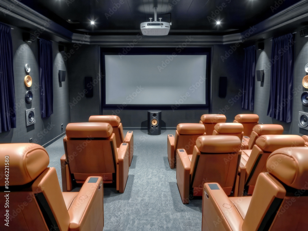 A movie theater with a large screen and rows of leather chairs. The chairs are arranged in rows and the theater is dark