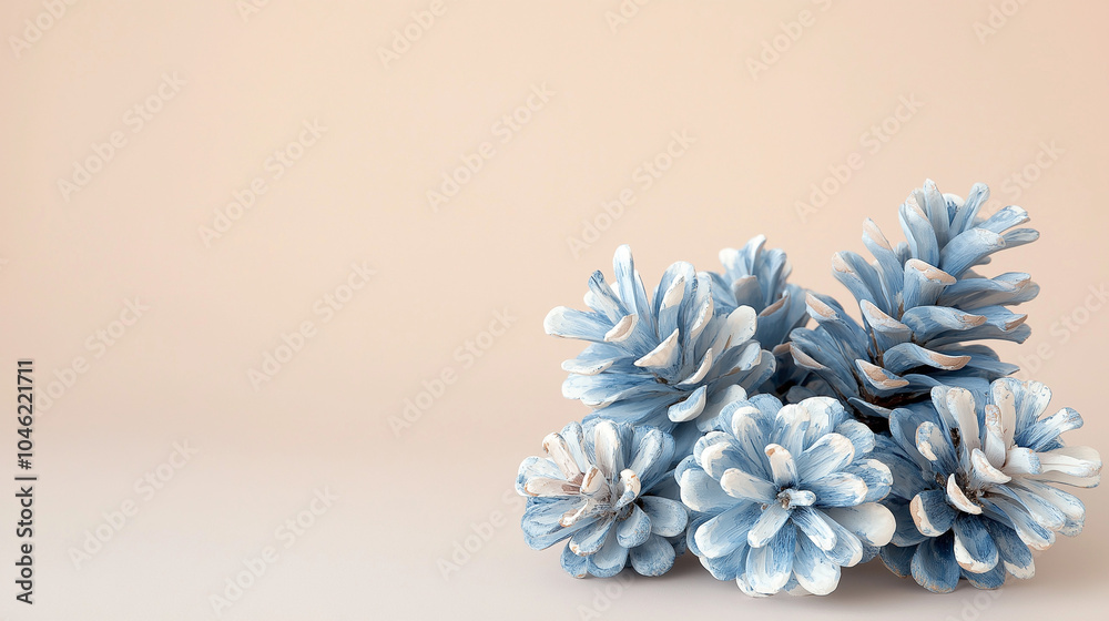 Artfully arranged blue-painted pine cones create a tranquil aesthetic on a soft beige background,ideal for seasonal decor or a calming ambiance,copy space Artfully arranged blue-painted pine cones create a tranquil aesthetic on a soft beige background,ideal for seasonal decor or a calming ambiance,copy space