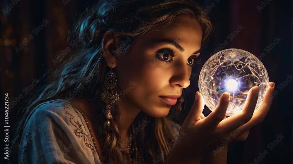 Naklejka premium Mystic Woman Gazing into Crystal Ball