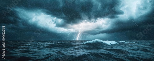 Dramatic ocean scene with stormy clouds and lightning striking in the distance.