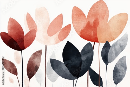 A watercolor illustration of a meadow with big flowers in different muted colors