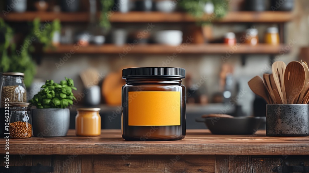 A jar on a wooden table in a cozy kitchen setting. A jar on a wooden table in a cozy kitchen setting.