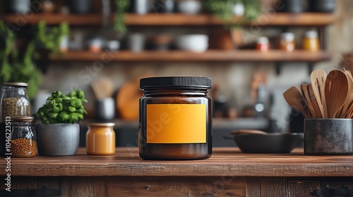 A jar on a wooden table in a cozy kitchen setting.