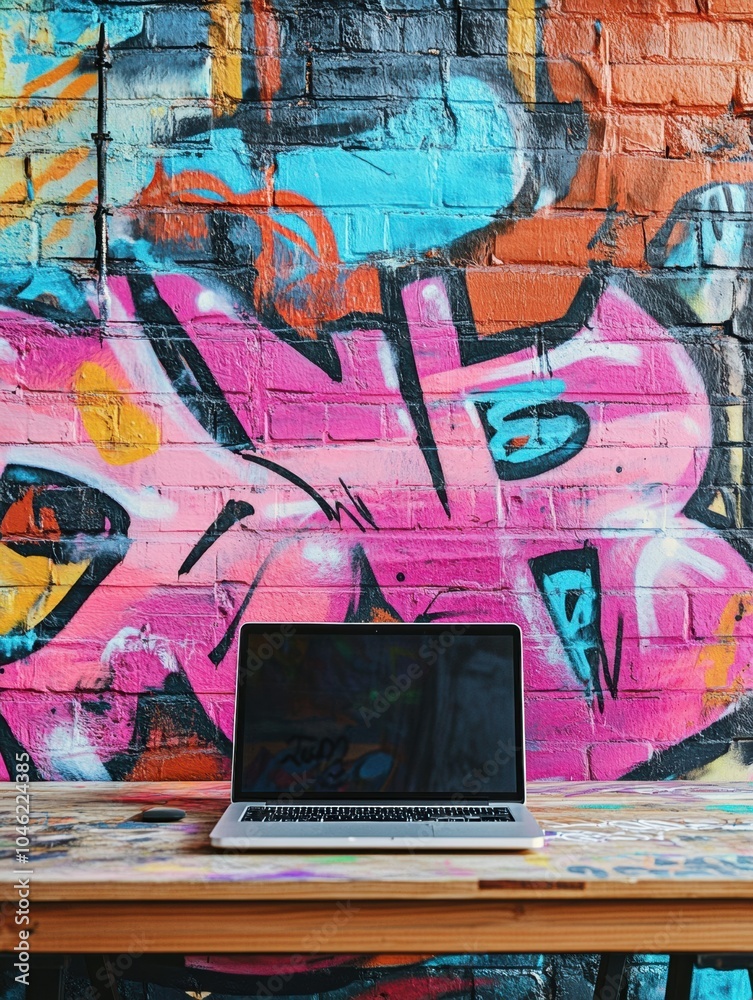 Fototapeta premium A laptop sits on a wooden table against a vibrant graffiti backdrop, suggesting a creative and lively workspace in an urban setting. Generative AI