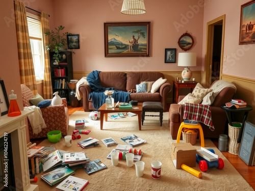 A messy living room with a painting on the wall. The room is cluttered with books, cups, and other items