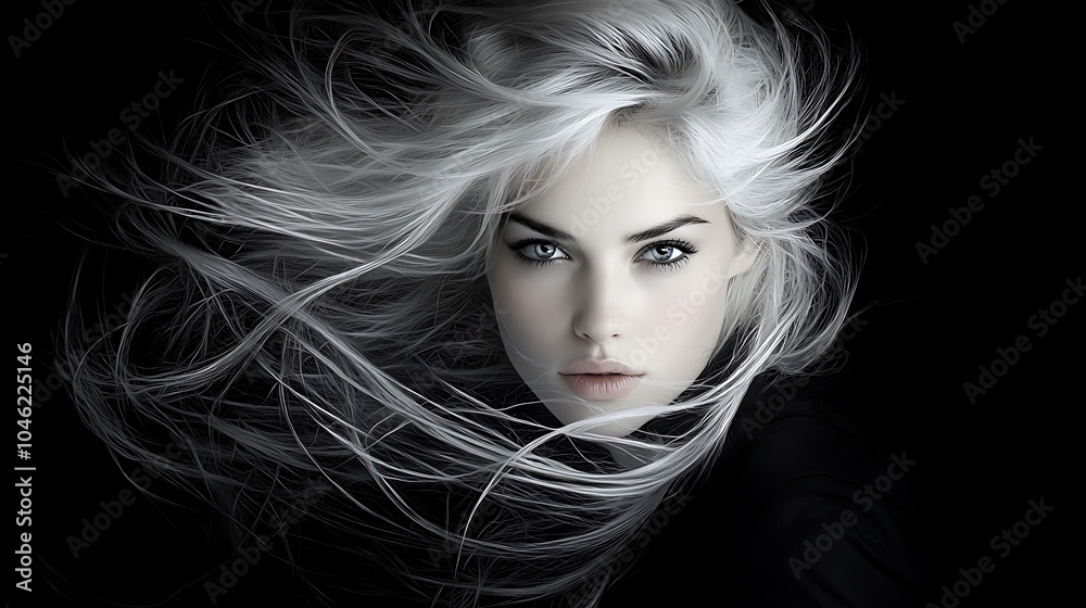 screenprint, a female german model with flowing blond hair and intense gaze, wearing a deconstructed habit in monochrome tones with metallic accessories, muted colors with flashes of iridescent screenprint, a female german model with flowing blond hair and intense gaze, wearing a deconstructed habit in monochrome tones with metallic accessories, muted colors with flashes of iridescent