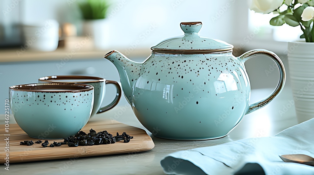 A blue teapot and two mugs with loose tea leaves on a wooden cutting board. A blue teapot and two mugs with loose tea leaves on a wooden cutting board.