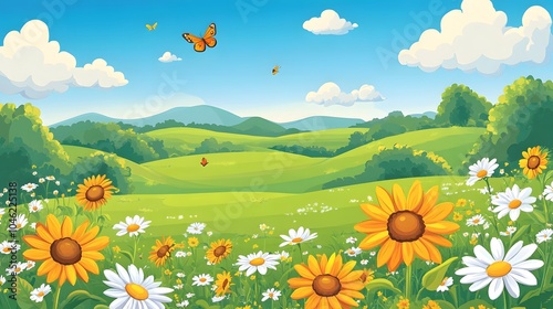 A beautiful, sunny meadow with yellow sunflowers and white daisies in the foreground, rolling hills in the background, blue sky and butterflies.