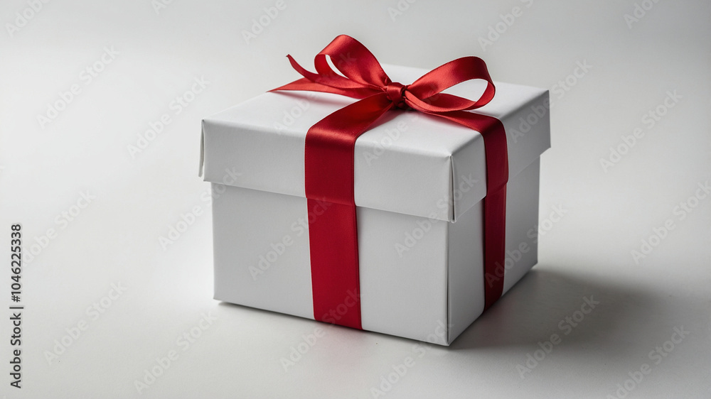 white gift box with red ribbon