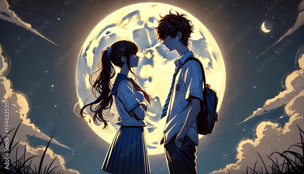 Serene Moment Between High School Lovers Under a Brilliant Full Moon: A Dreamlike Night Scene with Two Silhouettes Gazing at Each Other, Bathed in Soft Moonlight Serene Moment Between High School Lovers Under a Brilliant Full Moon: A Dreamlike Night Scene with Two Silhouettes Gazing at Each Other, Bathed in Soft Moonlight