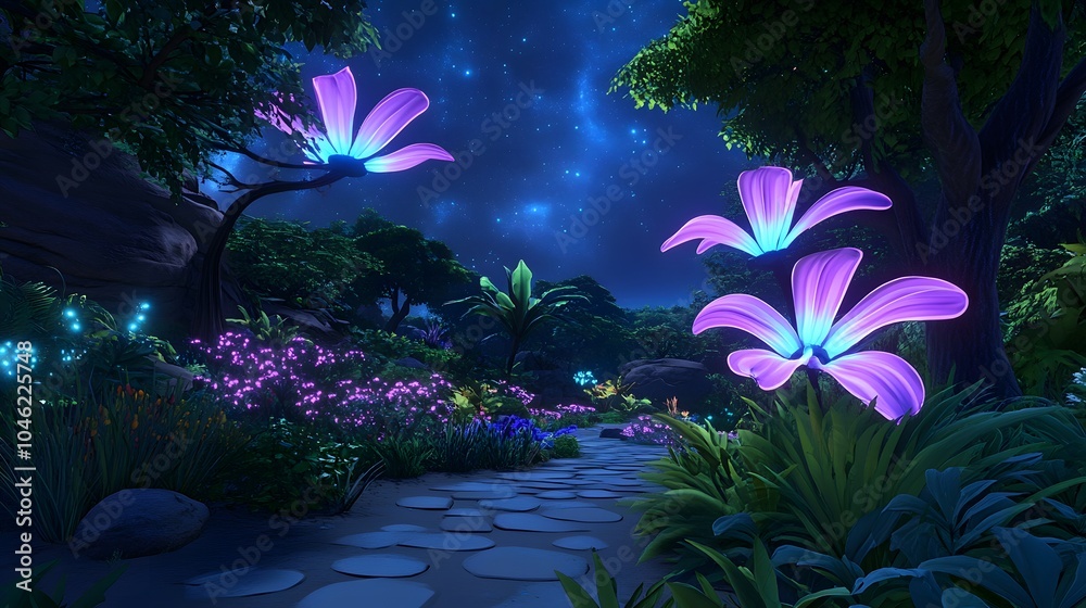 A magical forest at night with glowing flowers, a starry sky and a path leading through the trees. A magical forest at night with glowing flowers, a starry sky and a path leading through the trees.