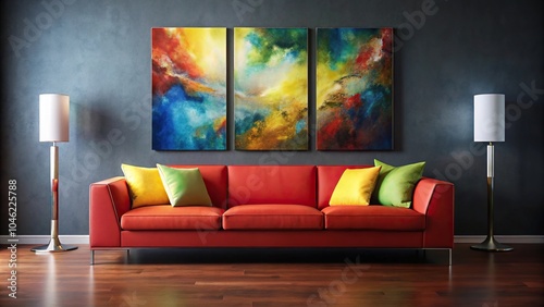 Bright abstract triptych displayed on dark wall above red couch with yellow cushion