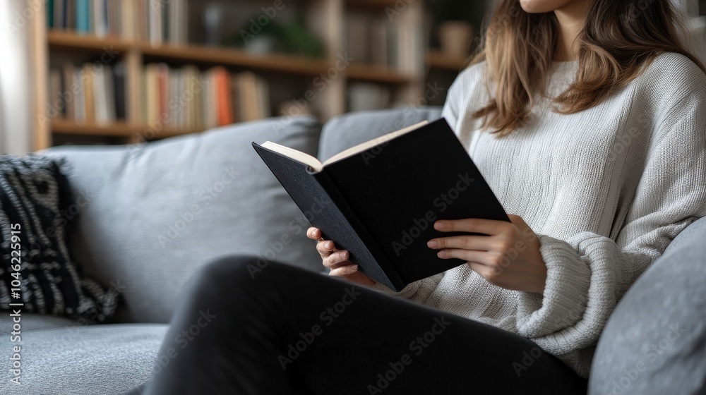 A person reading a book on a couch in a cozy living room. A person reading a book on a couch in a cozy living room.