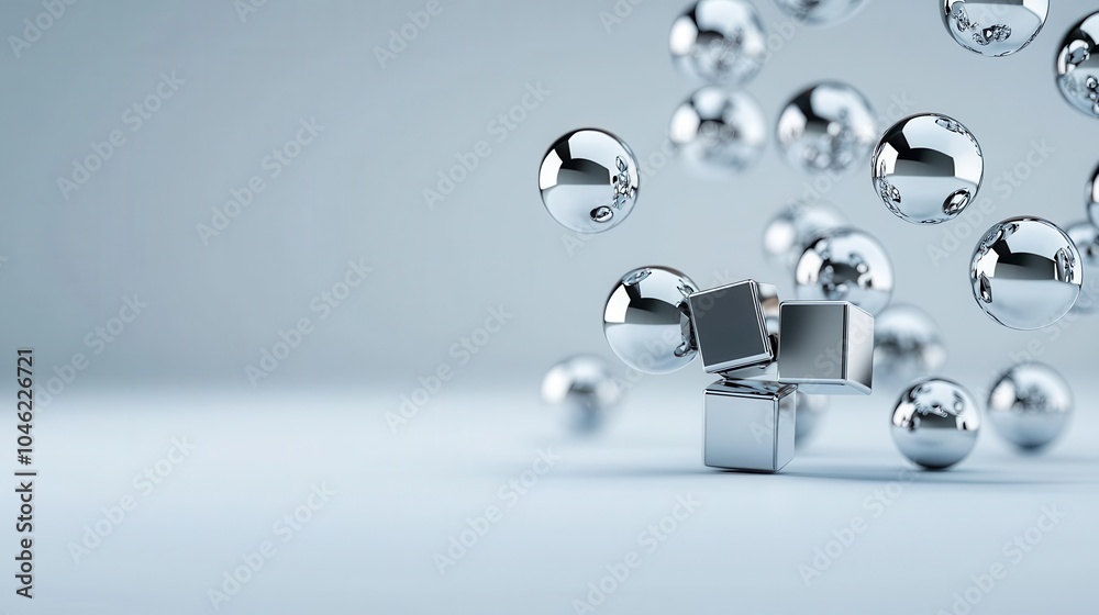 Floating metallic spheres and cubes reflecting each other in space, basic shapes, reflective geometry Floating metallic spheres and cubes reflecting each other in space, basic shapes, reflective geometry