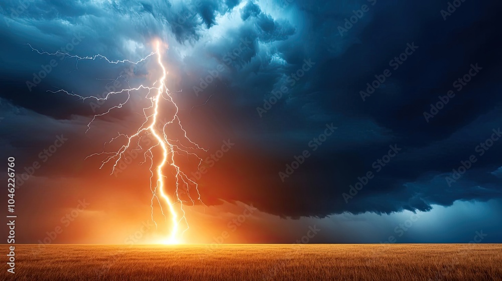 Obraz premium Dramatic lightning strike illuminating a dark stormy sky over a field.