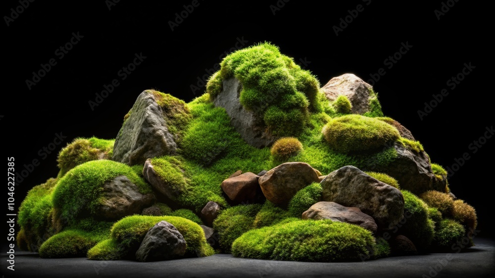 Moss-covered rocks isolated on solid black backdrop, moss, rocks, isolated, black, background, nature, green, texture, stone Moss-covered rocks isolated on solid black backdrop, moss, rocks, isolated, black, background, nature, green, texture, stone
