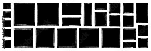 Black grunge vector rectangular and square text box frames. Hand drawn rough texture brush strokes. Black paint stamps on transparent background. Grungy sketch bg. Dirty graffiti banner. Ink splashes