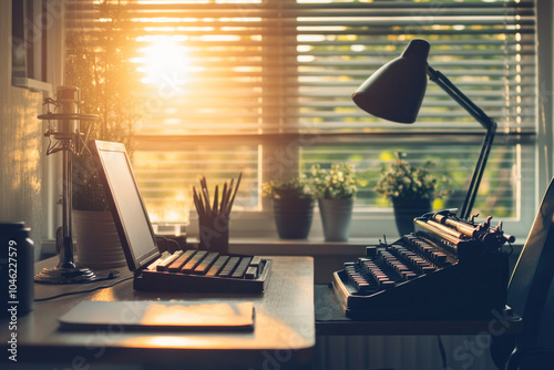 Desk with typewriter and lamp, vintage setup with retro charm, a writer's workspace evoking creativity and nostalgia.