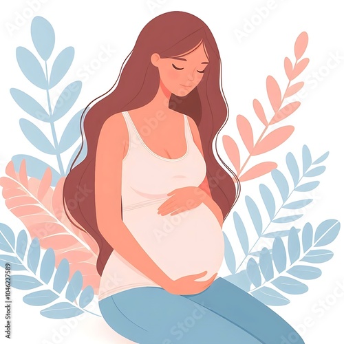 A flat, isolated illustration of a pregnant woman with leaves in the background. Ideal for maternity, wellness, and nature-themed projects. Clean and modern, perfect for digital use. 