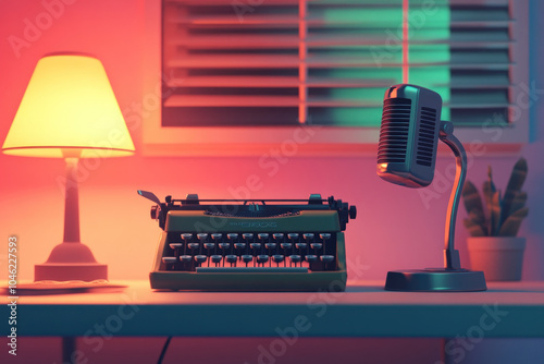 Desk with vintage typewriter and lamp creating a nostalgic writing space.