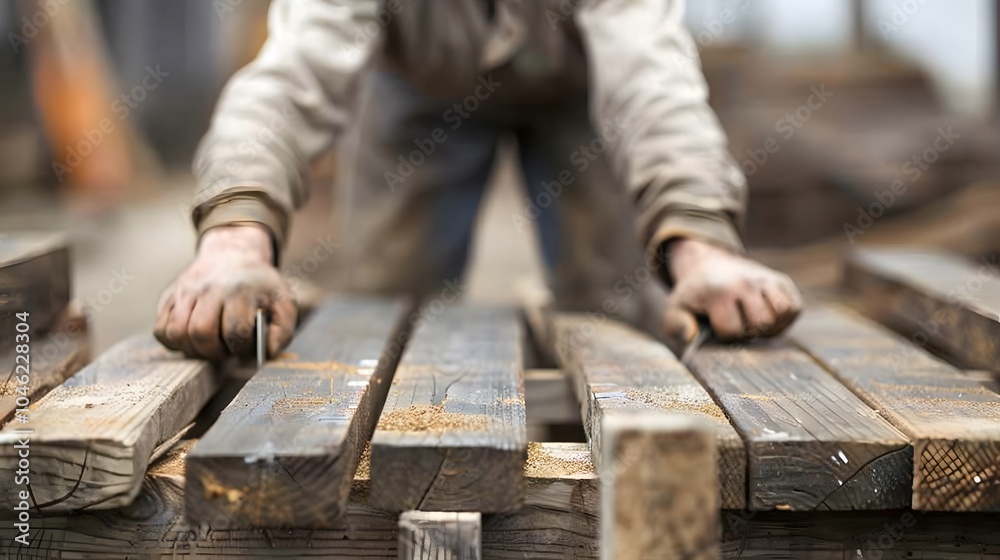 A man's hands hold a stack of wooden planks, with a blurred background of an industrial setting. A man's hands hold a stack of wooden planks, with a blurred background of an industrial setting.