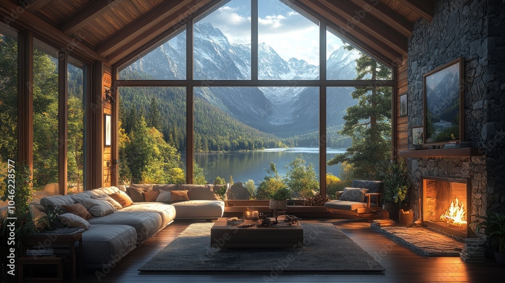 Fototapeta premium Cozy cabin interior with mountain view and fireplace.
