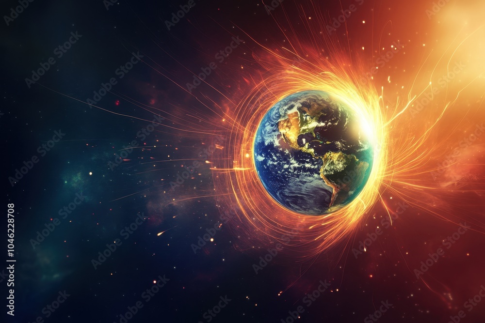 Obraz premium Earth's magnetic field illustrated with lines, symbolizing the planet's protective shield against cosmic radiation 